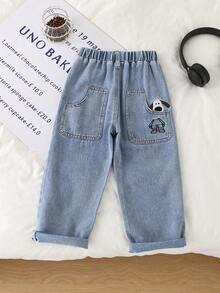 Young Boy Denim Jeans, 2-7 Years Old Elastic Waist Loose Fit Jeans, Back Pocket Dog Embroidery, Light Wash, Casual Daily Wear - Medium Wash - View 3