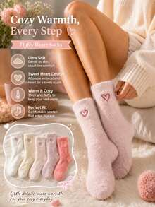 Valentine's Day Gift: 1/5/10 Pairs/Set Women's Warm Socks For Spring, Summer, Autumn, Winter, With Thick Fleece Lining, Cute Heart Pattern Design, Made Of Mink Fur Material, Solid Color Minimalist Mid-Calf Socks - Crew Socks - View 1