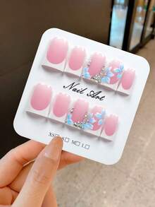 YINZIJIA 10 Pieces, Pure Handmade French Flower Carving, Gradient, Meticulous=Unique Handmade Short Duckbill Shaped Pure Handmade Nail Plate Set, Suitable For Daily Holiday Wear, Including 1 Nail File And Jelly Glue - Multicolor - View 1