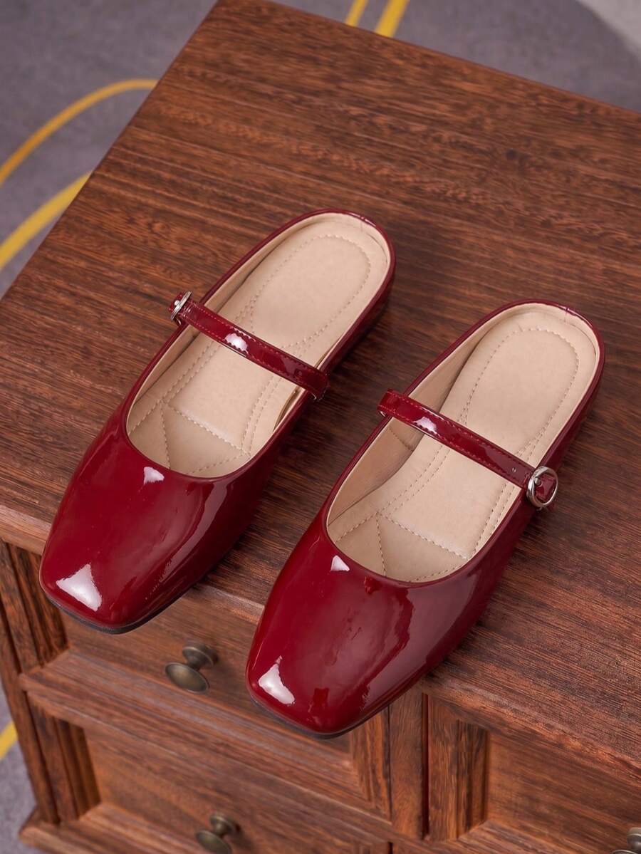 Women's Fashion Square Toe Burgundy Slip-On Shoes, Casual Office Daily Wear Backless Mules, Outdoor Flats With Classy Vibe For Spring & Summer - Burgundy - View 1
