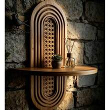 Vintage Wooden Rattan Wall Shelf Home Decor Storage Rack - Multicolor - View 2