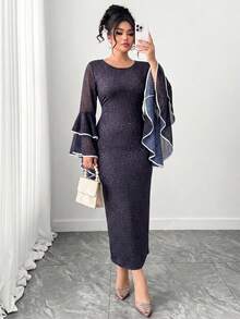 Plus Size Women's Cinched Waist Knit Leopard Print Ruffle Bell Sleeve Long Sleeve Dress - Multicolor - View 7