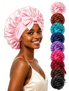 Large Satin Sleep Cap With Big Bow, Adjustable Long Tie, Suitable For Long Thick Hair Nighttime Hair Care - A - View 1