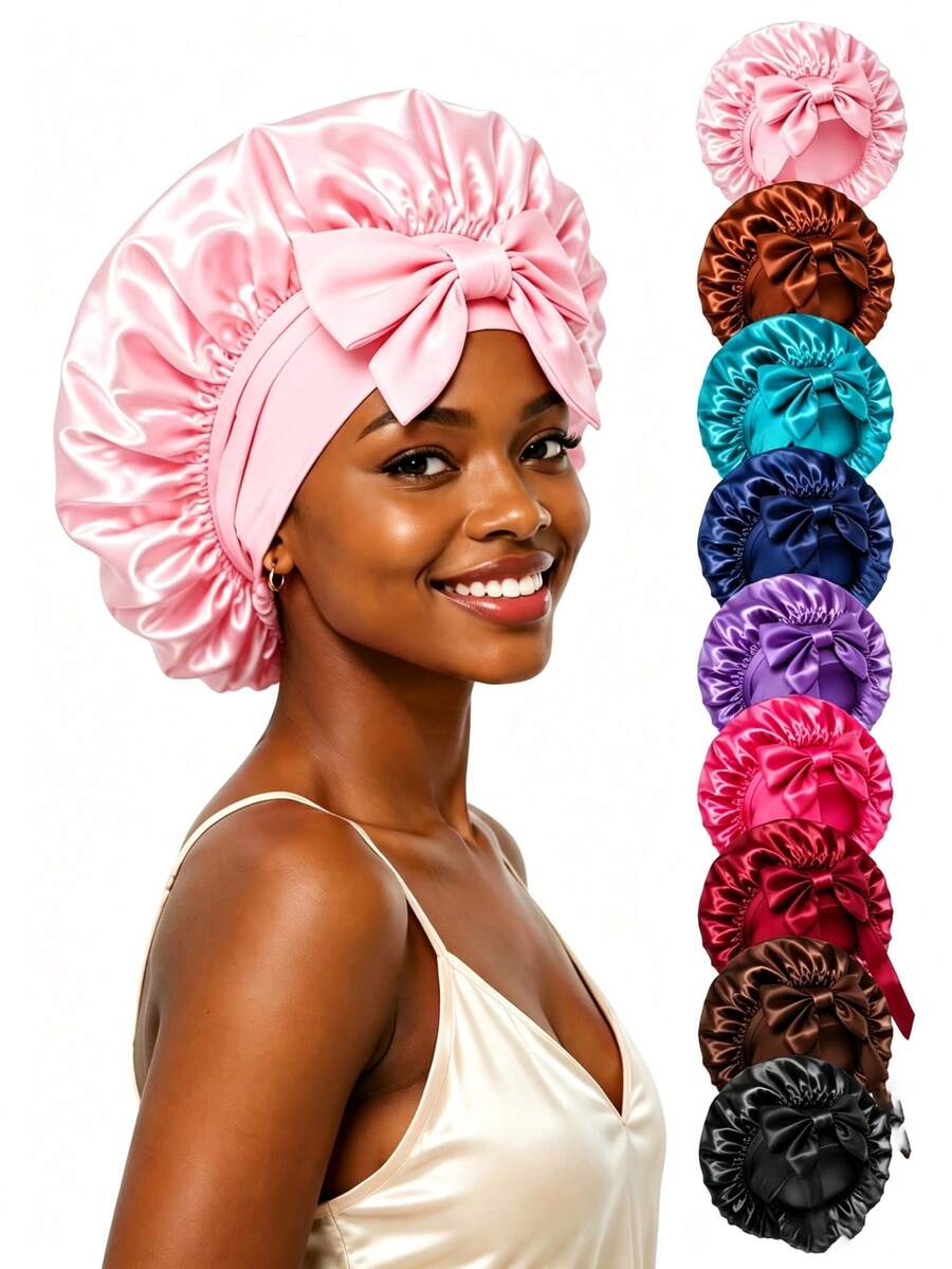Large Satin Sleep Cap With Big Bow, Adjustable Long Tie, Suitable For Long Thick Hair Nighttime Hair Care - A - View 1