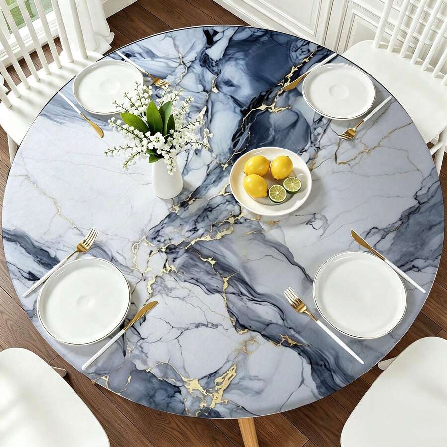 1pc Marble Pattern Round Tablecloth, Minimalist Tablecloth With Elastic Edge, Soft And Wrinkle-Resistant, Waterproof, Oil-Resistant And Scratch-Resistant, Suitable For Round Dining Table, Outdoor Restaurant Decoration And Outdoor Party, Kitchen, Baking, Outdoor Decoration, Outdoor Patio, Breakfast, Brunch And Party Decoration - Multicolor - View 1