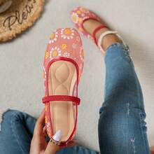 Square Toe Mesh Hollow Out Elastic Strap Mary Jane Flat Breathable Thin Ballet Style Shoes - Red - View 7