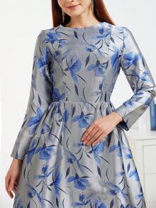 DEVCHATA Elegant Heavy Embroidery Jacquard Long Sleeve Dress For Party And Formal Evening Events - Dusty Blue - View 3