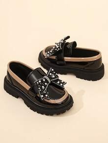 Girls' Shiny Colorblock Pearl Rhinestone Bow Loafers, Thick Sole Non-Slip British Style Princess Shoes - Black - View 4
