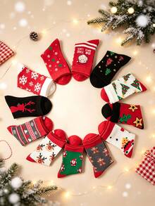 Set 10 Pasang Kaos Kaki Liburan Natal, Pohon Natal, Rusa Kutub, Kaos Kaki Kartun Santa Claus Setinggi Betis, Kaos Kaki Hadiah Liburan Meriah dan Serbaguna untuk Musim Gugur/Dingin - MultiWarna - View 2
