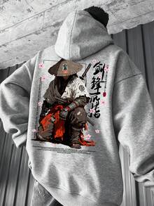 男士秋冬中式日系劍客風格漢字圖案印花寬鬆版型保暖內裡連帽衛衣 | 領先時尚 - 淺灰色 - 查看 2
