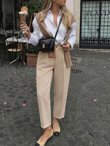 Spring Summer Autumn Khaki Straight Leg Casual Long Pants Commute Office Style Daily - Apricot - View 5