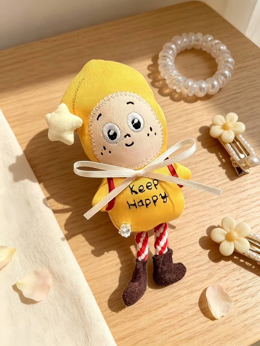 1pc Women's Cute Cartoon Doll Hair Clip, Yellow Happy Letter Embroidered Plush Doll Hair Accessory, Sweet Bow Decor Hair Accessory, Suitable For Girls Party And Daily Wear - Multicolor - View 1