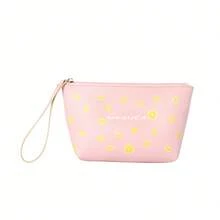 1pc Portable Daily Cosmetics Storage Bag Mesuca Printed Design Pink Tone Durable PU Fabric With Wrist Strap Large Capacity Toiletries Short Trip Home Storage - View 3