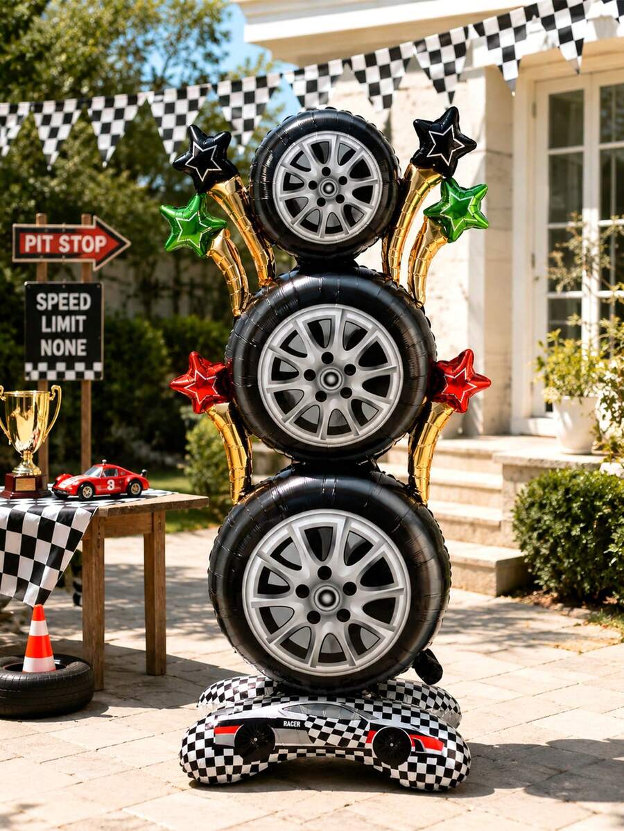 1pc Standing Racing Tire Balloon, Standing Tire Stack Foil Balloon, Suitable For Racing Theme Party Decoration, Racing Birthday Decoration, Transportation Theme, Car Party Supplies, Indoor And Outdoor Photo Props - Multicolor - View 1