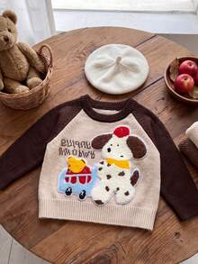 Unisex Baby Ins Vintage Colorblock Knit Sweater, 3D Towel Embroidery Polka Dot Puppy & Car Cartoon Letter Raglan Long Sleeve Pullover - Apricot - View 5