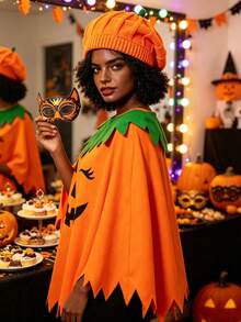 2pcs/Set Halloween Pumpkin Face Poncho Costume Set Knit Pumpkin Hat Party Outfit For Women Holiday Cosplay - Orange - View 5