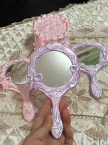 Pearlescent Wavy Edge Handheld Makeup Mirror, 3D Bow Princess Handle Mirror, Girly Portable Touch-Up Mirror, Ins Vintage Sweet Vanity Mirror - Multicolor - View 3