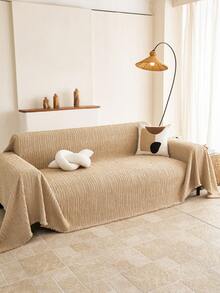 1‑Piece Universal Sofa Cover, Thick Woven Wavy Striped Reversible Double‑Sided Usable Sofa Throw With Tassels, Durable Furniture Protector For Boho Minimalist Home Style - Khaki - View 3