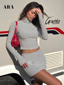 ARA CHIC Women Striped 2 Pieces Outfit, Turtleneck Long Sleeve Crop Top And Bodycon Mini Skirt Set, Slim Fit Ribbed Going Out Matching Set - Black and White - View 7
