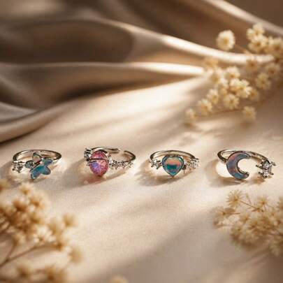 1 Pc Fantasy Copper Zirconia Butterfly Heart Moon Ring Women Gift