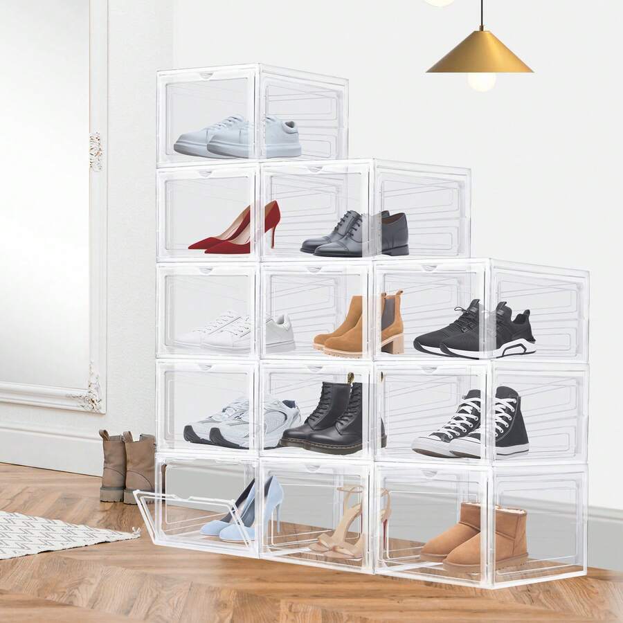 7Sevenjokers Portable Clear Shoe Storage 12-Pack, Foldable With Magnetic Front Closure, Stackable PP Box For Closet & Entryway