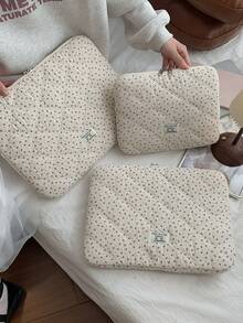 Korean Style Floral Quilted Laptop Sleeve, Multi-Size Shock-Resistant Inner Bag, Made Of Soft Quilted Fabric, Fresh & Minimalist, Double Zipper Opening With Thick Cushion Layer, Can Store Laptop, Tablet, Phone And Other Digital Devices, Available In 11/13/15 Inch Sizes, Suitable For Students, Commuters, Daily Commute And Business Travel - White - View 2