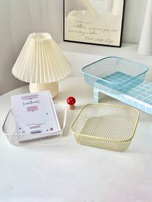 Macaron Color Metal Mesh Storage Basket Set, Square Hollow Desktop Organizer Tray, Multi-Functional Countertop Storage Rack, Suitable For Stationery, Cosmetics, Home Sundries, Home Office Use - Multicolor - View 3
