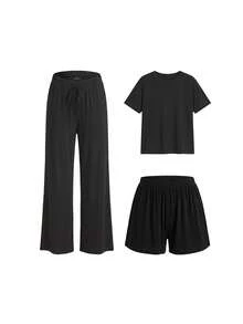 Ocili 休閒舒適滑順垂墜夏季彈性腰純色黑色短褲居家服睡褲/上衣/長褲 - 黑色 - 查看 1