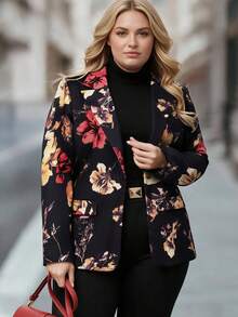 HOMEYEE Floral Print Long Sleeve Blazer Jacket With Pockets, Vintage Elegant Casual Suitable For All Seasons, Plus Size Vacation Spring Fall - Burgundy - View 2