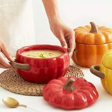 Ceramic Pumpkin Bowl With Lid And Handle, Cute Autumn Orange Pumpkin Design, Suitable For Soup Bowl, Ceramic Container Canister, Perfect For Holding Desserts And Cookies, Halloween/Thanksgiving/Autumn Decor And Gift - View 4
