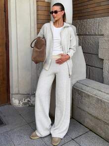 Fashionable Minimalist Women's Ribbed Knit Loose Drawstring Hoodie & Wide Leg Pants Wool Sweater Set, Comfortable Autumn/Winter Style - Grey - View 2