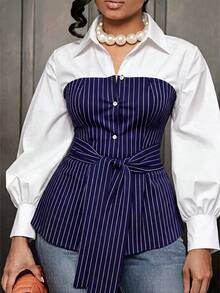 Plus Size Fashion Commuter Striped Patchwork Tie Waist Shirt - Navy Blue - View 1