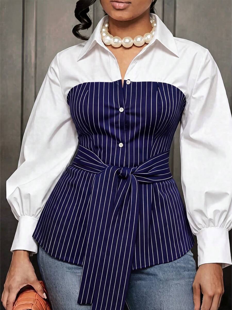 Plus Size Fashion Commuter Striped Patchwork Tie Waist Shirt - Navy Blue - View 1
