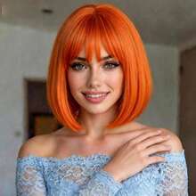 12 Inch Orange Short Straight Wig With Bangs For Women, High Temperature Fiber, High Density, Soft Smooth Voluminous, Suitable For Daily, Holiday, Music Festival, Christmas Party, Halloween, All Women - Orange - View 5