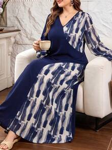 Plus Size Women Fitted Patchwork V-Neck Long Sleeve Dress - Khaki - View 4