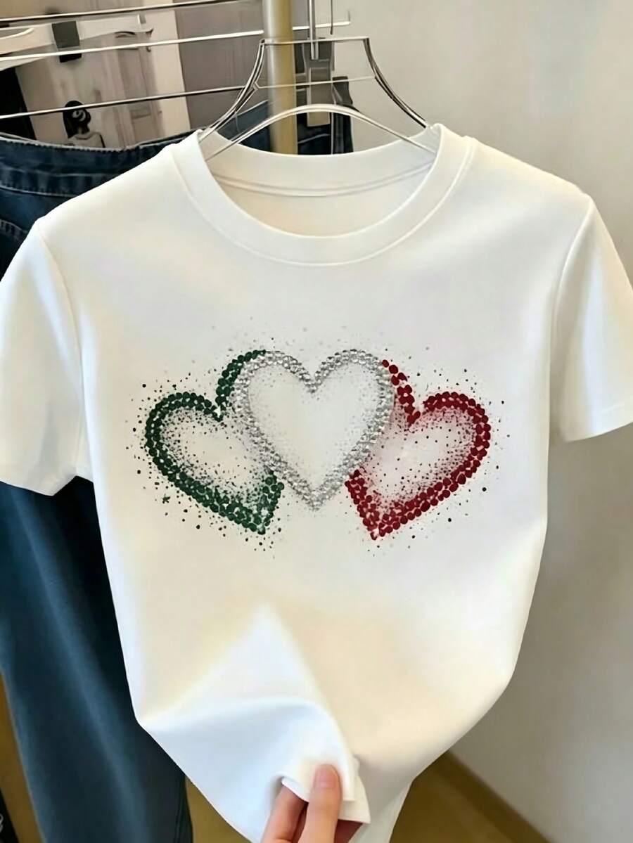 Camiseta de Mujer Manga Corta, Estampado de Tres Corazones Multicolor, Cuello Redondo Ropa Casual Diaria - Blanco - Ver 1