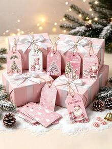 48/24-Pink Christmas Gift Tags With Jute Rope,Fun Holiday Design,Featuring Santa Claus And Deer Snowman, Christmas Tree, Paper Party Gift Tags,Perfect For Decorating Gifts And Parties During The Festive Season(48/24/12/6/1pc) - Pink Series - View 9
