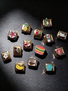 1/5pcs Cute Enamel Fruit Food Series Module Charm, Stainless Steel DIY Bracelet Spacer Bead/Watch Band / Watch Strap Decoration - Gold - View 1