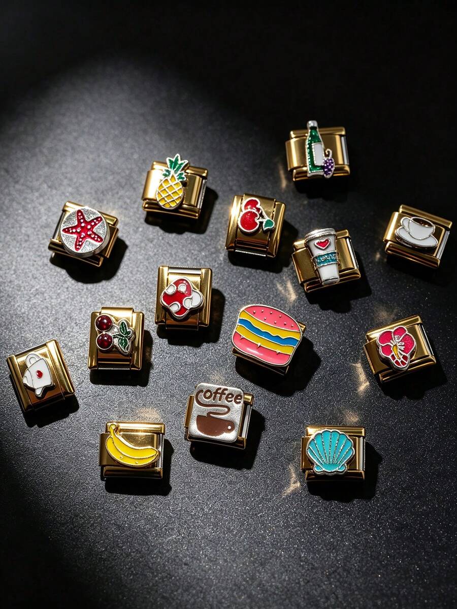 1/5pcs Cute Enamel Fruit Food Series Module Charm, Stainless Steel DIY Bracelet Spacer Bead/Watch Band / Watch Strap Decoration - Gold - View 1