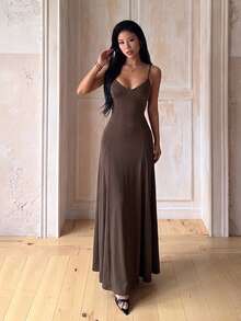 Women's Casual V-Neck Spaghetti Strap Maxi Dress, Flowy Flared Swing Long Party Gown For Birthday, Vacation, Holiday Events, Brown - Brown - View 4