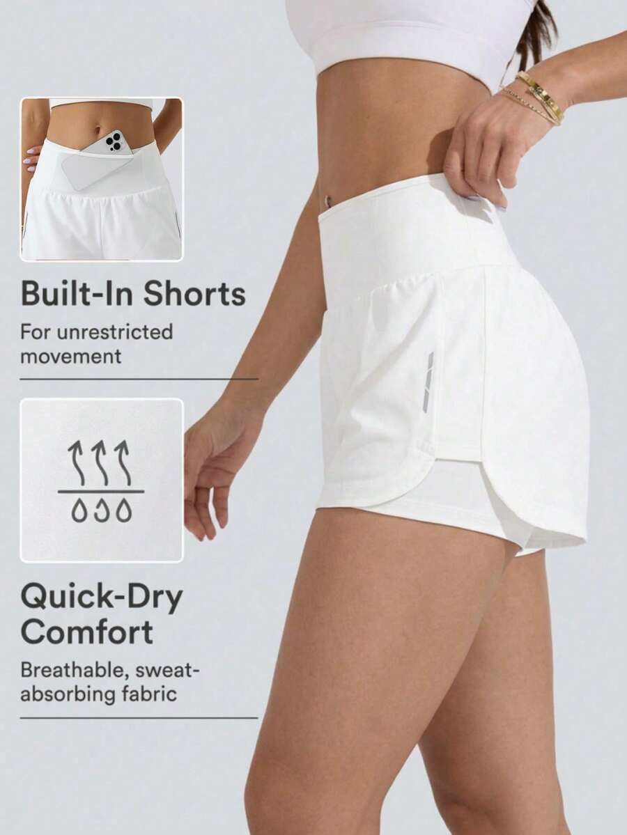 Women's 2-In-1 Athletic Shorts With Built-In Anti-Chafe High Elasticity Liner And Pockets, Fitness Tennis Running Shorts - White - View 1