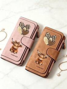 Fashionable Women's Wallet With Leopard Heart-Shaped And Highland Caw Patterns, Long Hand-Held Bag,Pocket Phone Bag That Can Store Documents - Multicolor - View 6