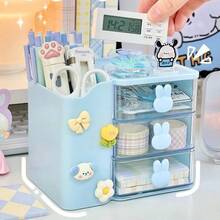 1pc 3-Tier Rabbit Shaped Desktop Storage Box With Pen Holder, Panda Decorative Stickers, Multi-Functional Stationery Organizer, Office Supplies Desktop Decor, Suitable For Student Stationery - Multicolor - View 7