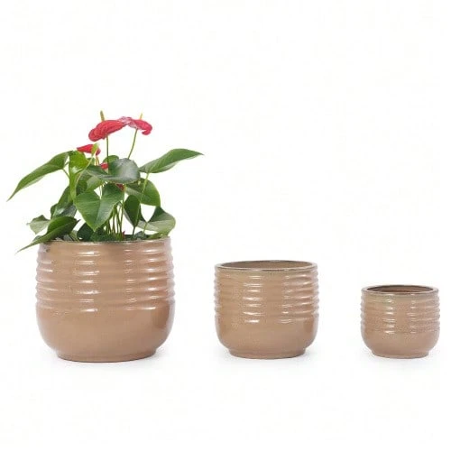 Single Handmade Ceramic Plant Pot (Ø 20 Cm), Glossy Light Brown With Horizontal Wave-Ribbed Structure, Breathable, Frost-Resistant, With Drainage Holes For Small Indoor And Windowsill Plants - Light Brown - View 1