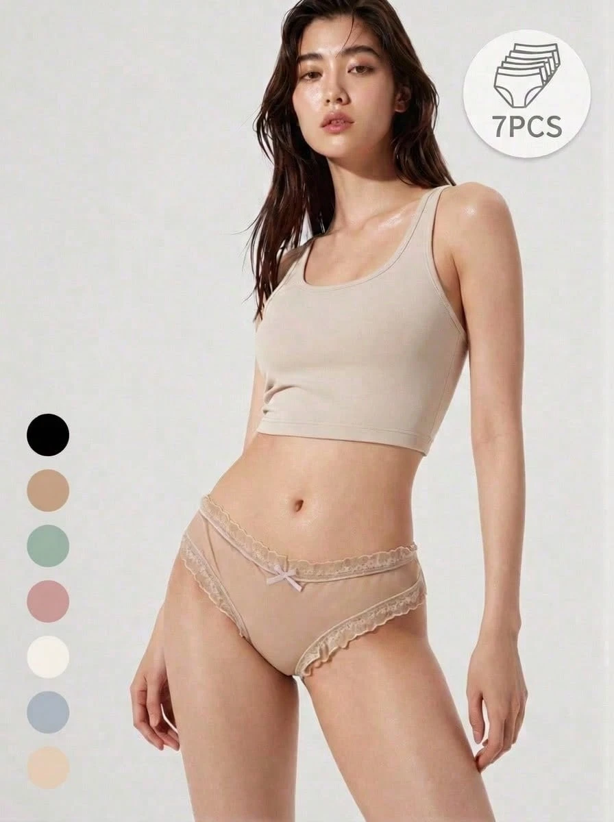 Mystèrelle 7pcs/Pack Women's Lace Trim Solid Color Seamless Briefs, Breathable & Comfortable, Mid-Waist, No Show - Multicolor - View 1