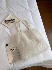 Women's Plush Tote Bag, Highly Attractive Shoulder Handbag, Fuzzy Fashionable Stylish Handbag - White - View 9