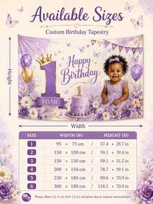 Personalized 1st Birthday Photo Tapestry, Custom Name & Age Purple Butterfly Floral Party Backdrop, 90g Smooth Polyester Wall Hanging, Suitable For Birthday Decoration, Dessert Table Background, Bedroom Nursery Decor, Multiple Sizes - Multicolor - View 5