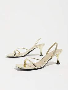 Women's Autumn Light Gold Thin Strap Kitten Heel Sandals, Square Toe Open Toe Back Strap Design, Suitable For Festival & Party Occasions - Light Gold - View 5