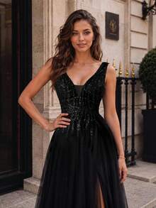 VIPGIRL Elegant Women's Black Sleeveless V-Neck Mesh Sequin Slit Maxi Dress, Suitable For Prom And Evening Party - Black - View 5