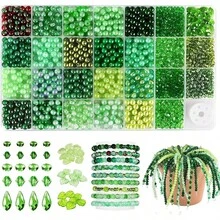 1660pcs Green Glass Beads Set, For Beaded Plants, 6mm Round Glass Beads, 60pcs Leaf Beads, Faceted Beads And Seed Beads, Suitable For Jewelry Making, Bracelets And DIY Crafts (Foam Blocks And Flower Pots Not Included) - Green - View 13